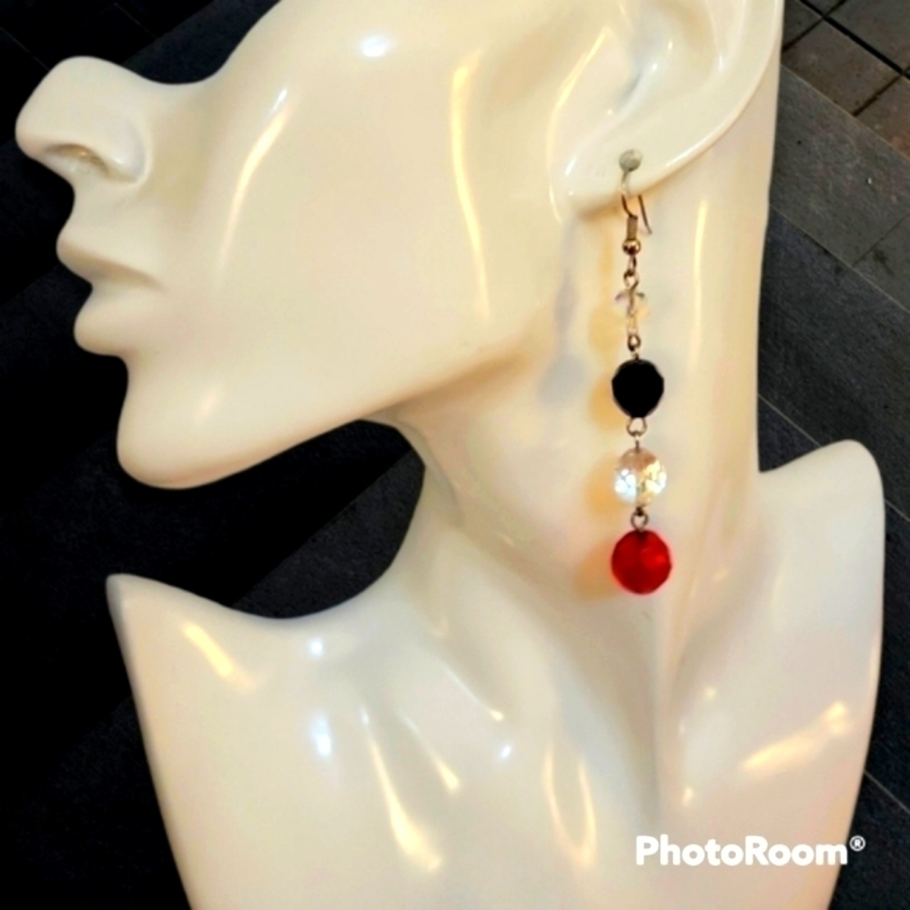 3/$30 HANDMADE Red Black Clear Glass Beaded Long Dangle Hook Earrings